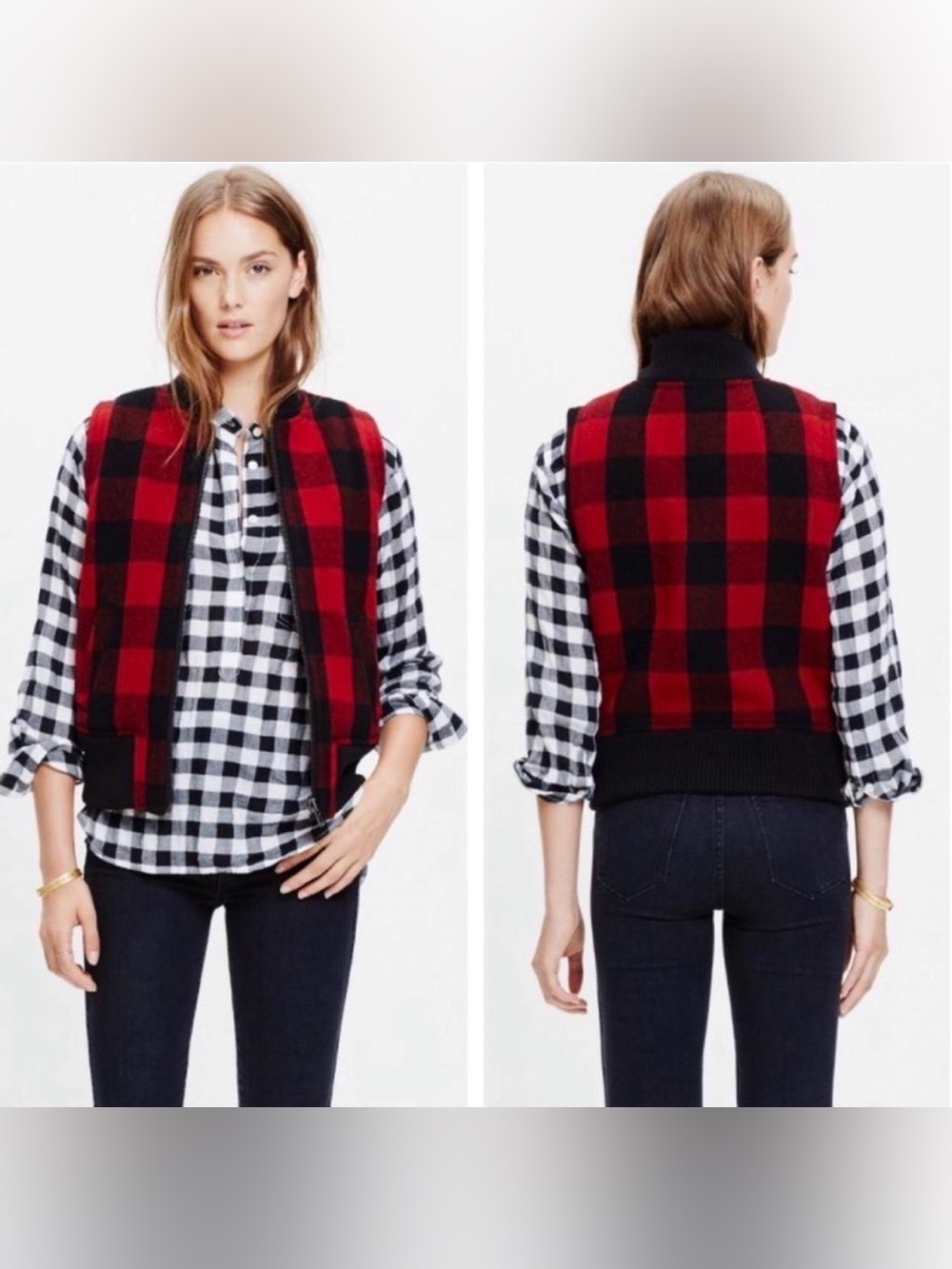 Madewell Red and Black Buffalo Plaid Zip-Front Vest